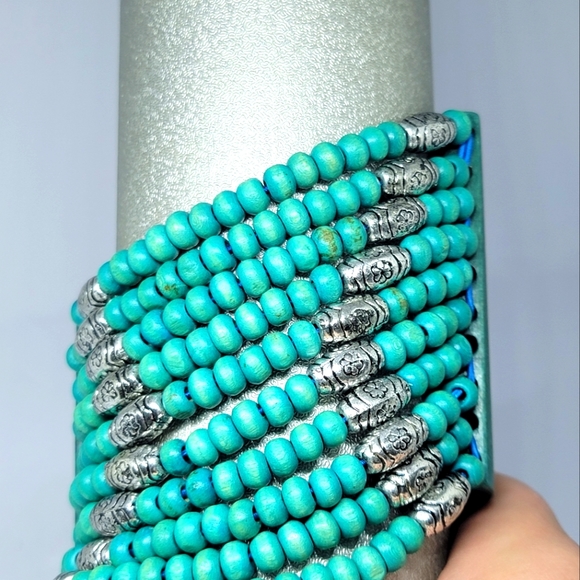 Thick Handmade 10 Row Turquoise and Silver Wooden Bead Bracelet - Picture 2 of 5